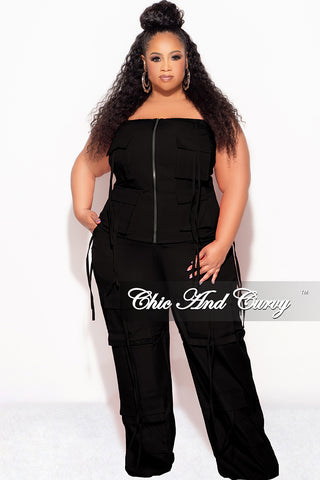 Final Sale Plus Size 2pc Strapless Top and Cargo Pants Set in Black