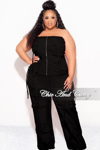 Final Sale Plus Size 2pc Strapless Top and Cargo Pants Set in Black