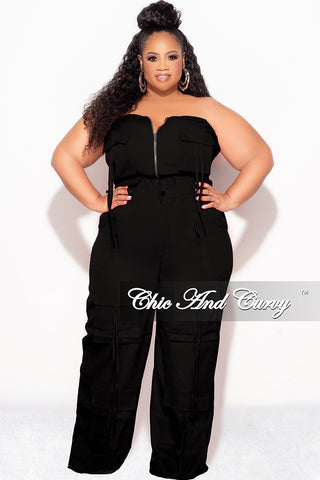 Final Sale Plus Size 2pc Strapless Top and Cargo Pants Set in Black