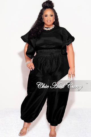 Final Sale Plus 2pc Ruffle Top and Balloon Pants Set in Black