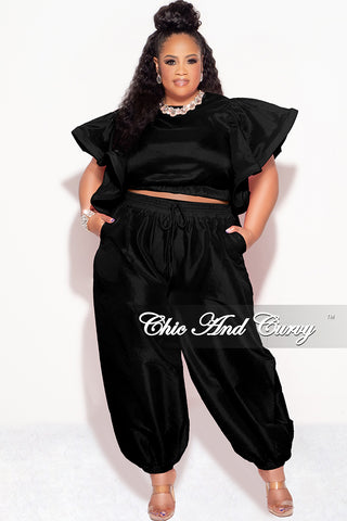 Final Sale Plus 2pc Ruffle Top and Balloon Pants Set in Black