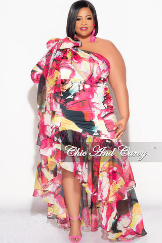 Final Sale Plus Size 2pc Chiffon One Shoulder Crop Tie Top and Asymmetrical Highlow Ruffle Layered Skirt Set in Fuchsia and Yellow