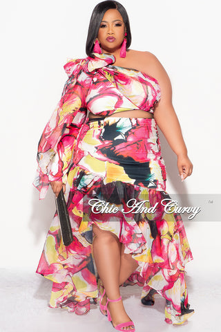 Final Sale Plus Size 2pc Chiffon One Shoulder Crop Tie Top and Asymmetrical Highlow Ruffle Layered Skirt Set in Fuchsia and Yellow