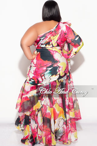 Final Sale Plus Size 2pc Chiffon One Shoulder Crop Tie Top and Asymmetrical Highlow Ruffle Layered Skirt Set in Fuchsia and Yellow