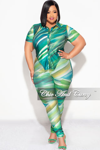 Final Sale Plus Size 2pc Button Up Collar Top and Pants Set in Green