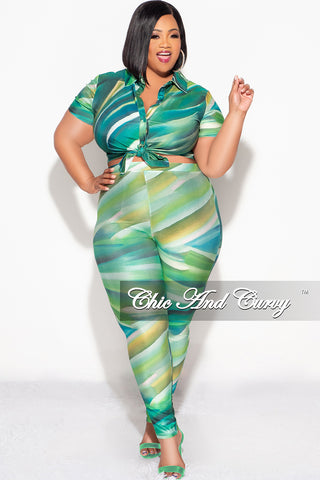 Final Sale Plus Size 2pc Button Up Collar Top and Pants Set in Green