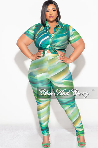 Final Sale Plus Size 2pc Button Up Collar Top and Pants Set in Green