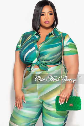 Final Sale Plus Size 2pc Button Up Collar Top and Pants Set in Green