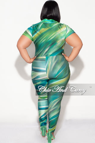 Final Sale Plus Size 2pc Button Up Collar Top and Pants Set in Green