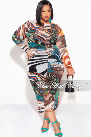 Final Sale Plus Size Sheer Mesh Bodycon Dress in Brown Multi Color Design Print