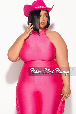 Final Sale Plus Size 2pc Fringe Legging Set with Crop Top in Fuchsia