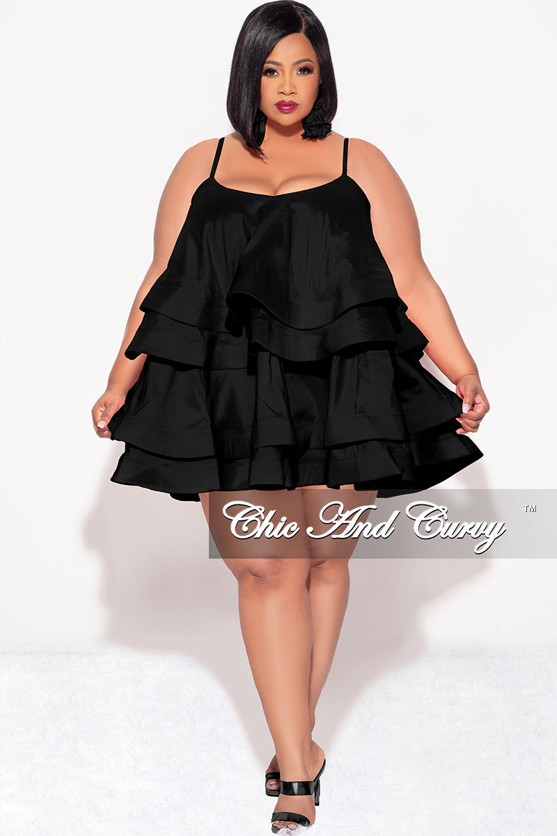 Final Sale Plus Size Spaghetti Strap Tiered Ruffle Mini Dress in Black Chic And Curvy Final Sale Plus Size Spaghetti Strap Tiered Ruffle Mini Dress in Black Chic And Curvy