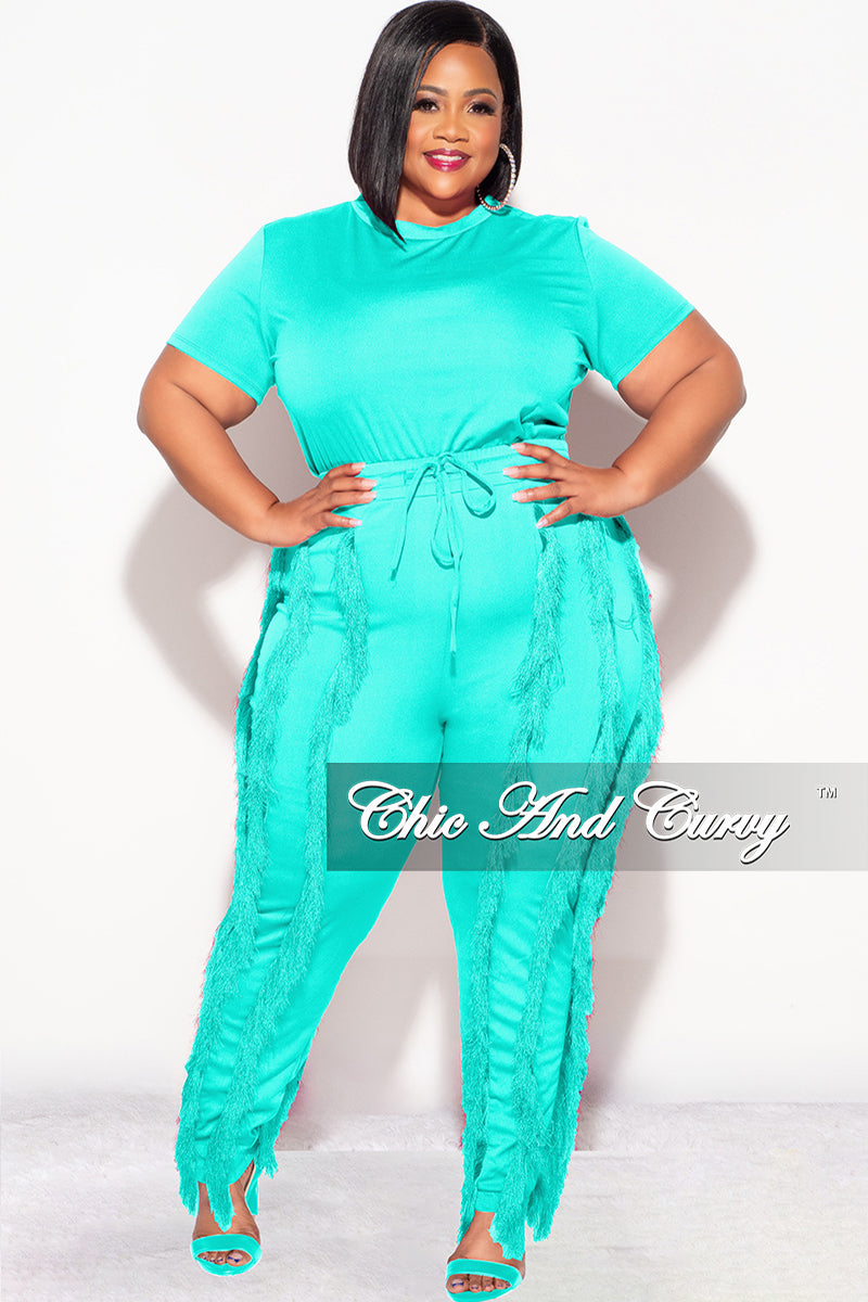 Final Sale Plus Size 2pc Tassel Pant Set in Aqua Jade