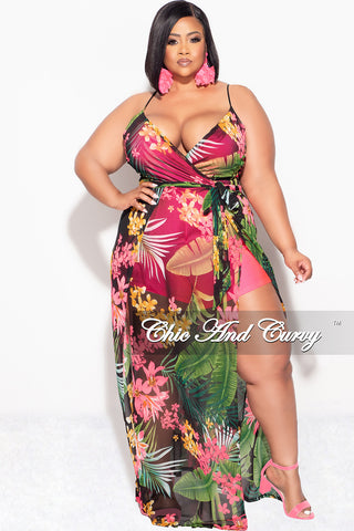 Final Sale Plus Size Mesh Spaghettis Strap Faux Wrap Romper with Attached Long Skirt in Pink Floral Print