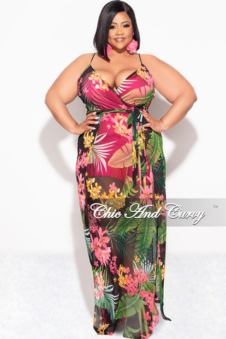 Final Sale Plus Size Mesh Spaghettis Strap Faux Wrap Romper with Attached Long Skirt in Pink Floral Print