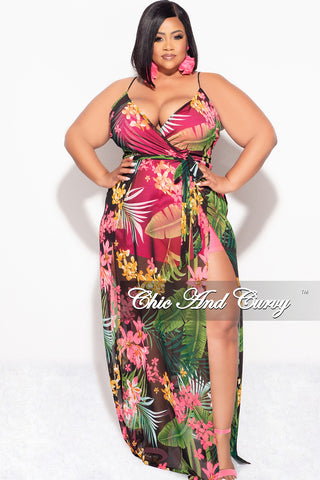 Final Sale Plus Size Mesh Spaghettis Strap Faux Wrap Romper with Attached Long Skirt in Pink Floral Print