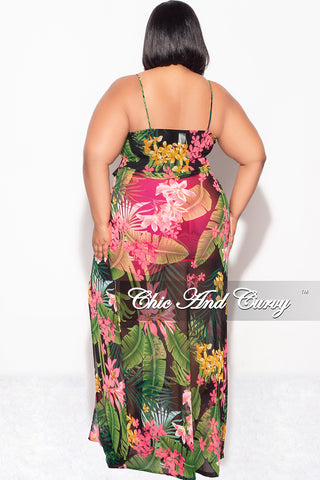 Final Sale Plus Size Mesh Spaghettis Strap Faux Wrap Romper with Attached Long Skirt in Pink Floral Print