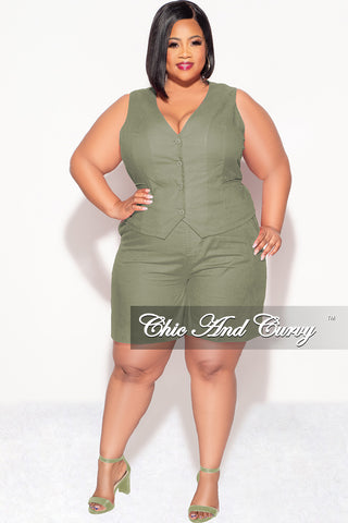 Final Sale Plus Size 2pc Sleeveless Linen Blazer Vest Short Set in Olive