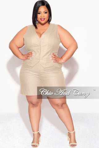 Final Sale Plus Size 2pc Sleeveless Linen Blazer Vest Short Set in Kha Chic And Curvy