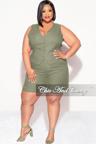 Final Sale Plus Size 2pc Sleeveless Linen Blazer Vest Short Set in Olive