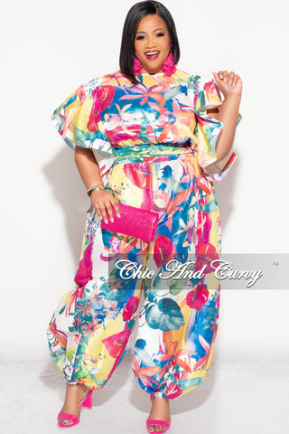 Final Sale Plus 2pc Ruffle Top and Balloon Pants Set in Multi Color Print