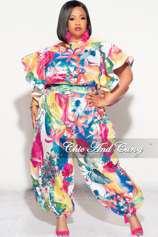 Final Sale Plus 2pc Ruffle Top and Balloon Pants Set in Multi Color Print