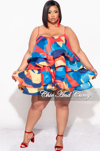 Final Sale Plus Size Spaghetti Strap Tiered Ruffle Mini Dress in Red Yellow and Turquoise Multi Color