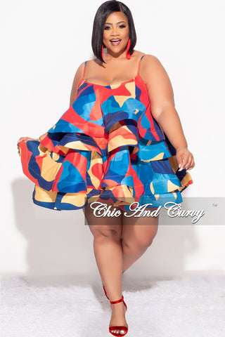 Final Sale Plus Size Spaghetti Strap Tiered Ruffle Mini Dress in Red Yellow and Turquoise Multi Color