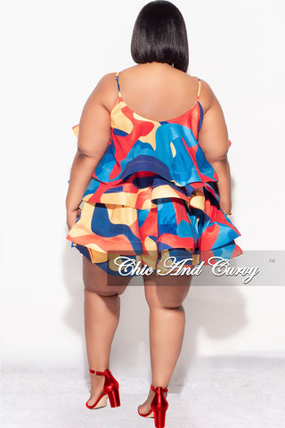 Final Sale Plus Size Spaghetti Strap Tiered Ruffle Mini Dress in Red Yellow and Turquoise Multi Color