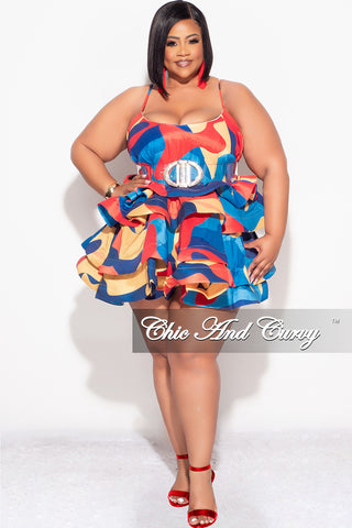 Final Sale Plus Size Spaghetti Strap Tiered Ruffle Mini Dress in Red Yellow and Turquoise Multi Color