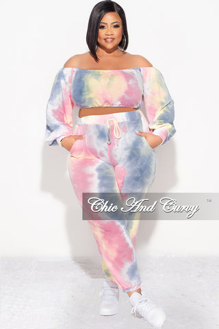 Final Sale Plus Size 2pc Crop Top and Pants Set in Pastel Rainbow