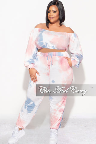 Final Sale Plus Size 2pc Crop Top and Pants Set in Pink and Blue