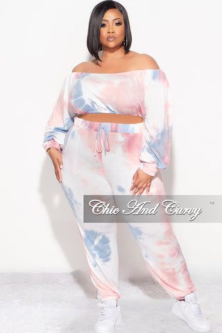 Final Sale Plus Size 2pc Crop Top and Pants Set in Pink and Blue