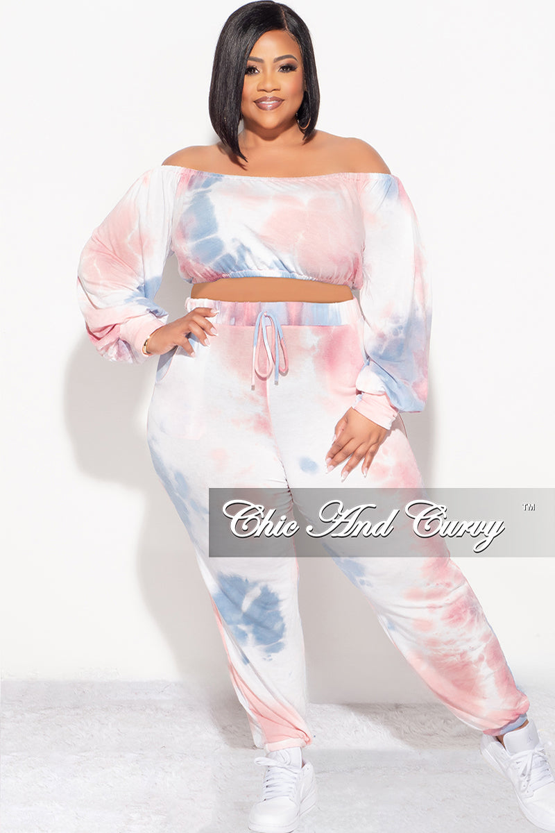 Final Sale Plus Size 2pc Crop Top and Pants Set in Pink and Blue