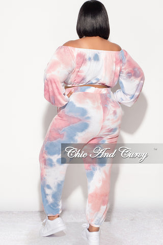 Final Sale Plus Size 2pc Crop Top and Pants Set in Pink and Blue