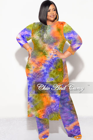 Final Sale Plus Size 2pc Double Slit Top and Set in  Purple Olive and Orange Tie Dye Print