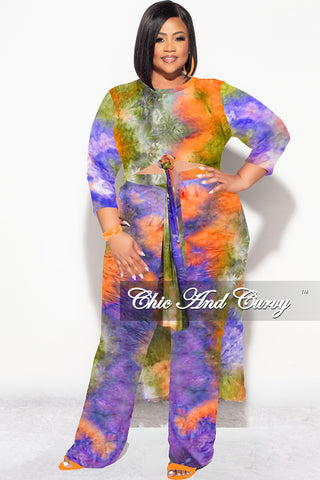 Final Sale Plus Size 2pc Double Slit Top and Set in  Purple Olive and Orange Tie Dye Print