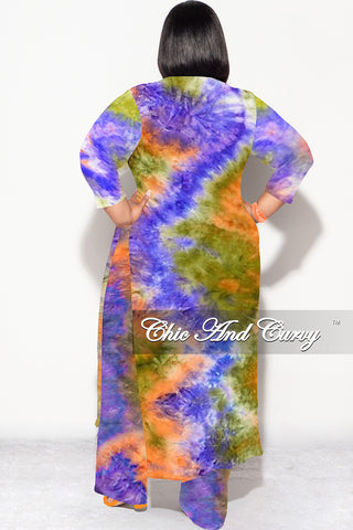 Final Sale Plus Size 2pc Double Slit Top and Set in  Purple Olive and Orange Tie Dye Print