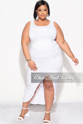 Final Sale Plus Size Sleeveless Ruched Jersey Bodycon Dress with Slit in White