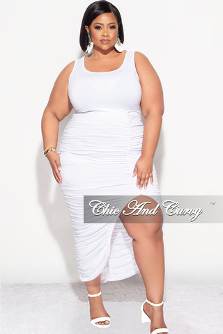 Final Sale Plus Size Sleeveless Ruched Jersey Bodycon Dress with Slit in White