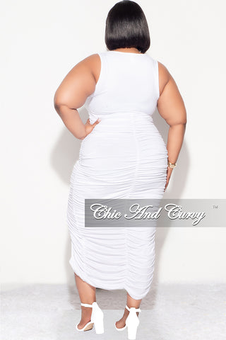 Final Sale Plus Size Sleeveless Ruched Jersey Bodycon Dress with Slit in White