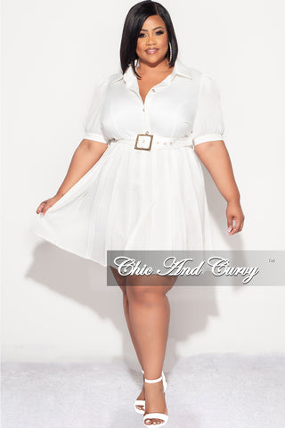 Final Sale Plus Size Collar Button Up Pleated Dress with Belt in White