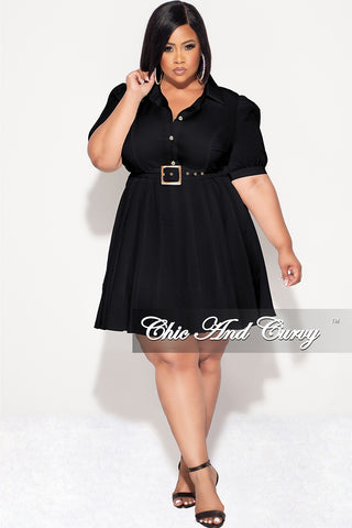 Final Sale Plus Size Collar Button Up Pleated Dress with Belt in Black