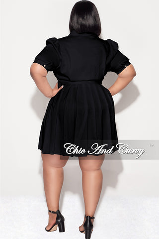 Final Sale Plus Size Collar Button Up Pleated Dress with Belt in Black