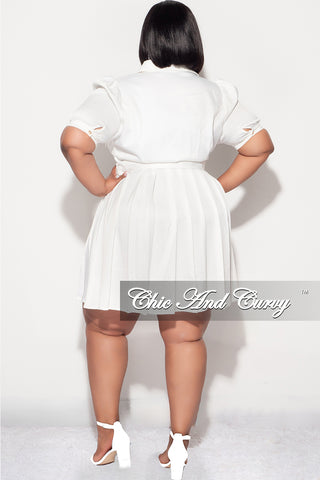 Final Sale Plus Size Collar Button Up Pleated Dress with Belt in White