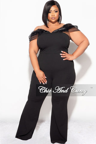 Final Sale Plus Size Mesh Off The Shoulder Plus Size Jumpsuit in Black