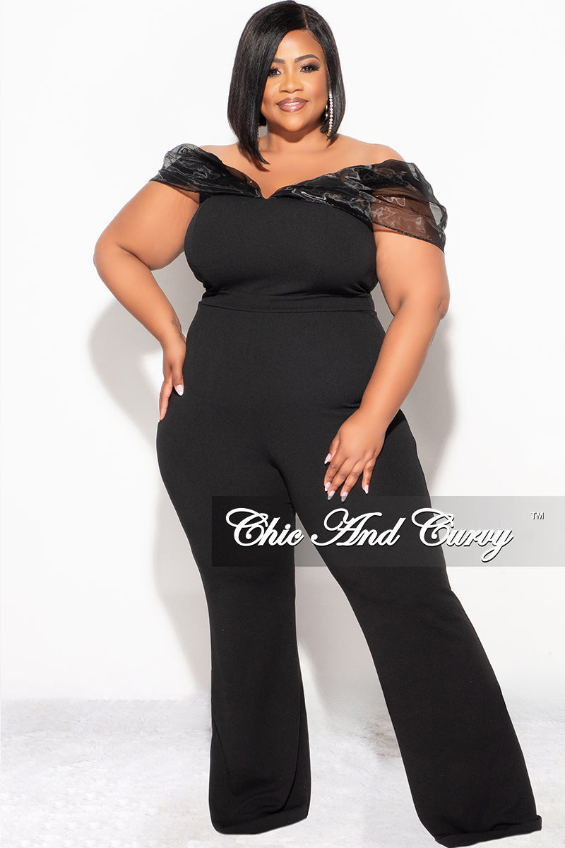 Final Sale Plus Size Mesh Off The Shoulder Plus Size Jumpsuit in Black