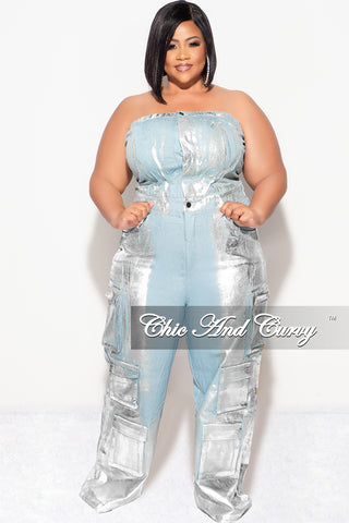 Final Sale Plus Size Cargo Jumpsuit in Denim Silver Foil