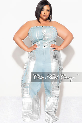 Final Sale Plus Size Cargo Jumpsuit in Denim Silver Foil