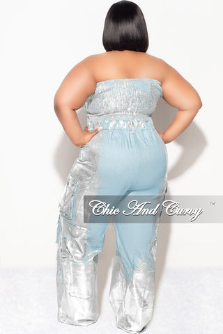 Final Sale Plus Size Cargo Jumpsuit in Denim Silver Foil